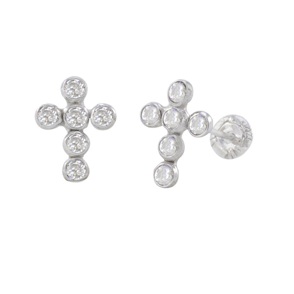 10k White Gold Mini Cross Stud Earrings Screwbacks Clear Cubic Zirconia 7mm - Jewelryland.com