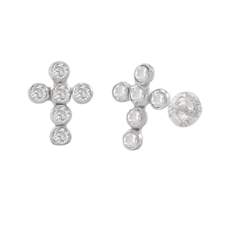 10k White Gold Mini Cross Stud Earrings Screwbacks Clear Cubic Zirconia 7mm - Jewelryland.com