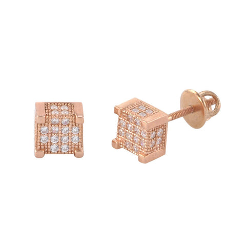 Sterling Silver Rose Gold Stud Earrings Screwbacks Clear CZ 6mm 3d Square Shape - Jewelryland.com