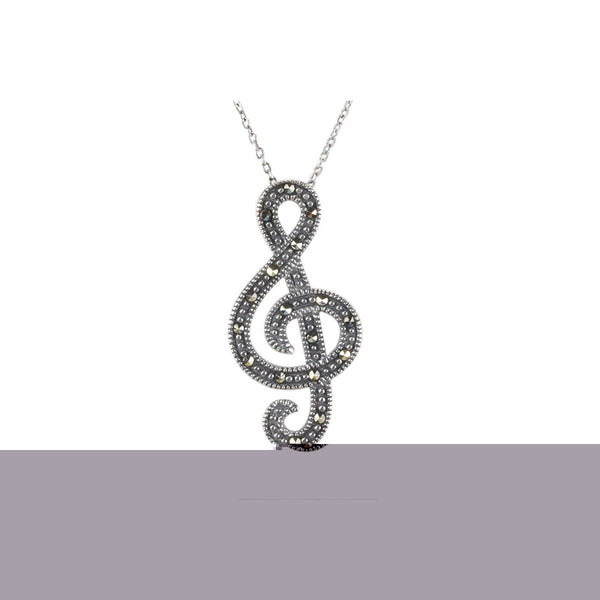 Marcasite Necklace 26mm Music Note (No Bale) 18" Chain .925 Sterling Silver - Jewelryland.com