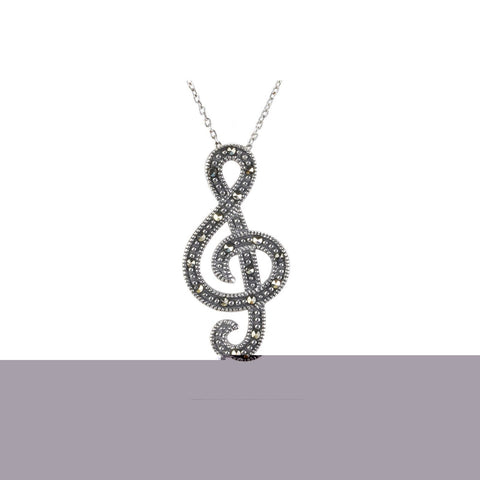 Marcasite Necklace 26mm Music Note (No Bale) 18" Chain .925 Sterling Silver - Jewelryland.com