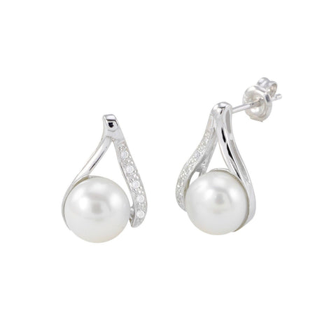 925 Sterling Silver White Freshwater Pearl Earrings Wishbone CZ Design - Jewelryland.com