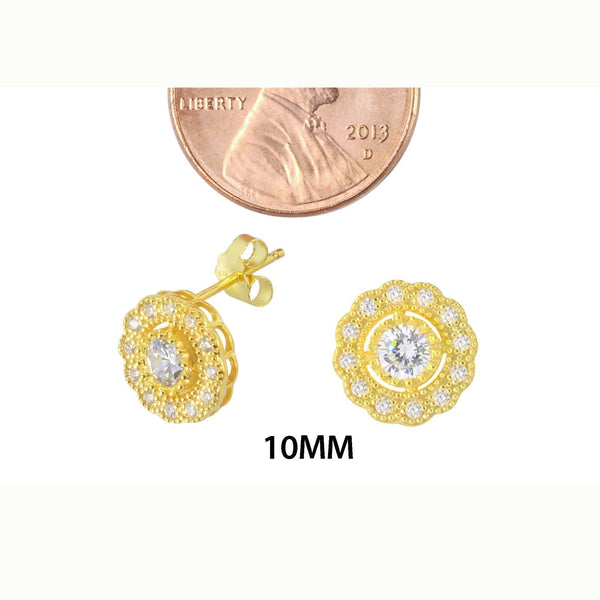 Flower Petal Stud Earrings Yellow Gold Plated Pave White CZ Cubic Zirconia 10mm - Jewelryland.com