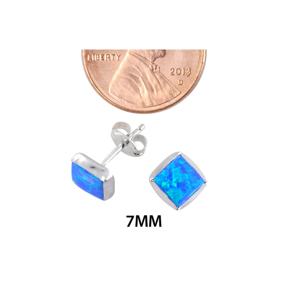 Blue Green Opal Gemstone Studs 925 Sterling Silver Earrings 7mm Square - Jewelryland.com
