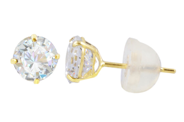 14k Yellow Gold Clear Round Basket Cubic Zirconia Stud Earrings Silicone Backs - Jewelryland.com