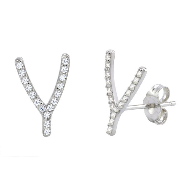 Sterling Silver Wishbone Earrings Micro Pave Cubic Zirconia CZ Studs 14mm x 9mm - Jewelryland.com