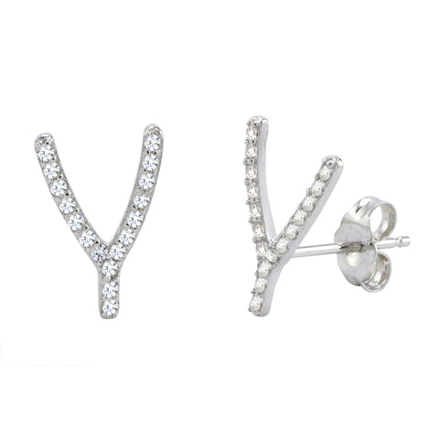 Sterling Silver Wishbone Earrings Micro Pave Cubic Zirconia CZ Studs 14mm x 9mm - Jewelryland.com