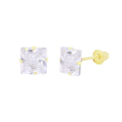 14k Yellow Gold Clear Square Princess Cut CZ Stud Screwback Earrings Prong Set - Jewelryland.com