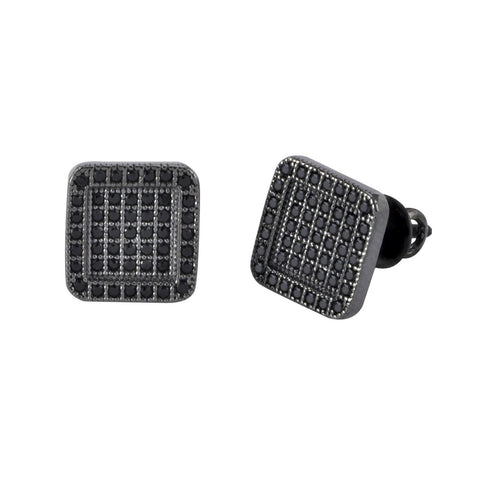 Screw Back Earrings Sterling Silver Pave Black Cubic Zirconia 9mm Rounded Frame - Jewelryland.com