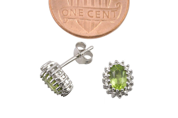 Peridot & Diamond Stud Earrings .03 ct, I-J, I2 Sterling Silver Oval - Jewelryland.com
