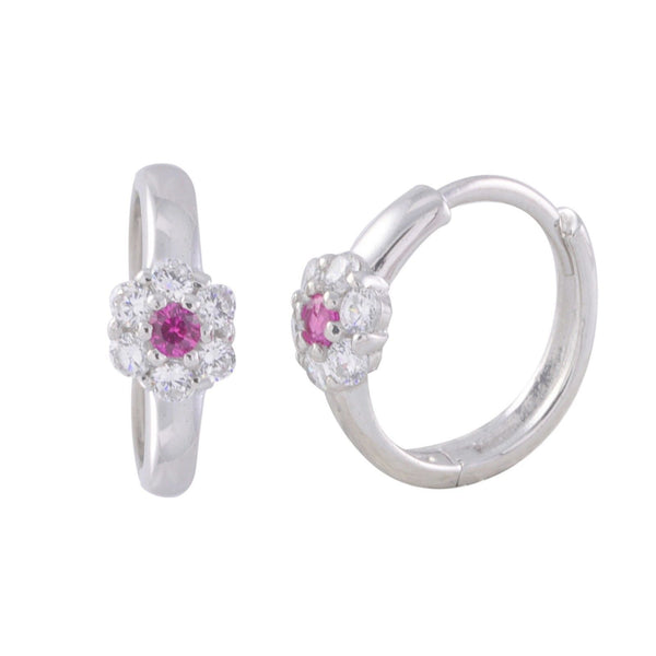 Sterling Silver Huggie Earrings Mini Flower CZ Birthstone Colors Hinged Hoops - Jewelryland.com