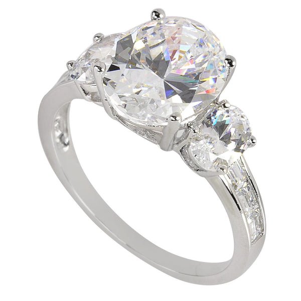 Three Stone CZ Ring .925 Sterling Silver Oval Cubic Zirconia 9mm x 11mm - Jewelryland.com