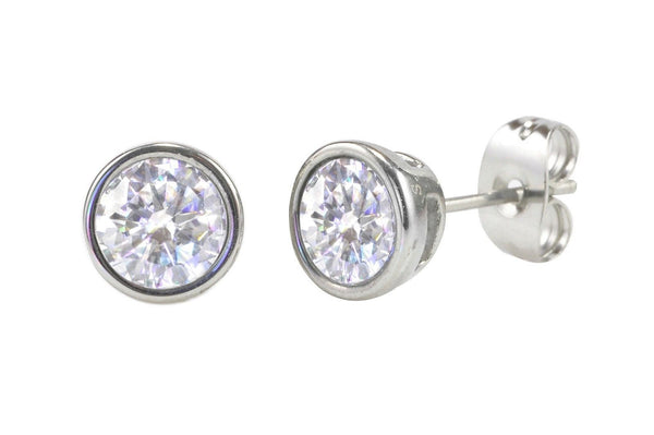 Round Clear CZ Bezel Set Stainless Steel Mens Women Stud Earrings Cubic Zirconia - Jewelryland.com