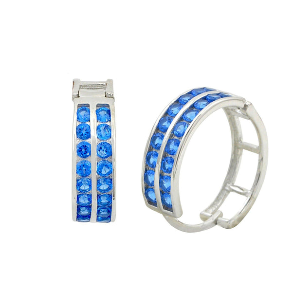 Sterling Silver Huggie Hoop Earrings 2 Row Blue Cubic Zirconia 16mm x 5mm - Jewelryland.com