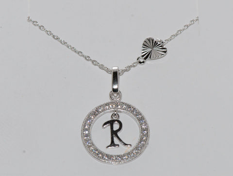 Sterling Silver Floating Letter R CZ Circle Initial 17" Necklace Cubic Zirconia - Jewelryland.com