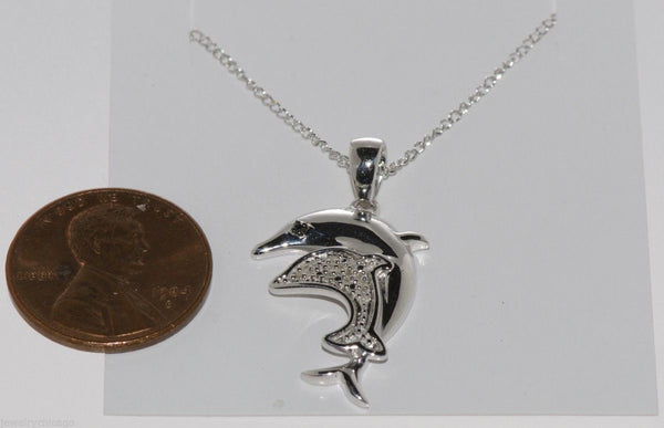 925 Sterling Silver Diamond Dolphin Pendant Necklace .05ct, 18" chain - Jewelryland.com