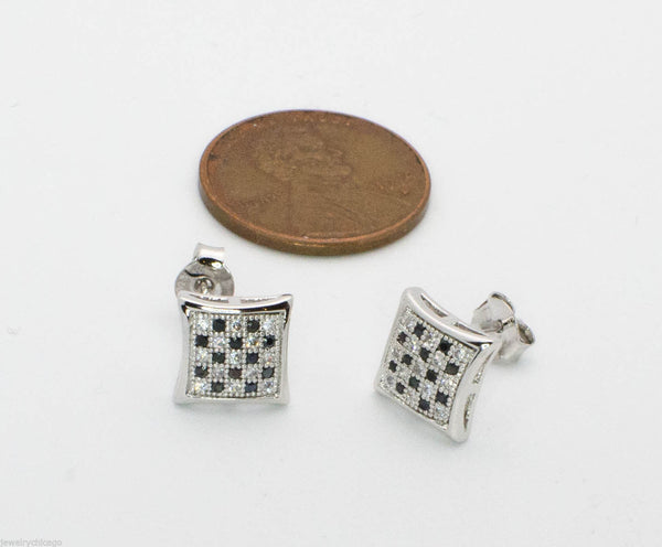 Micropave Stud Earrings Black & White Checker Board CZ Sterling Silver 9mm Kite - Jewelryland.com