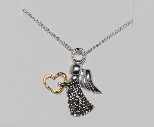 Sterling Silver Religious .01ct Black Diamond Angel Pendant Necklace, 18" chain - Jewelryland.com