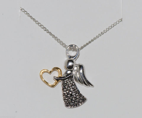 Sterling Silver Religious .01ct Black Diamond Angel Pendant Necklace, 18" chain - Jewelryland.com