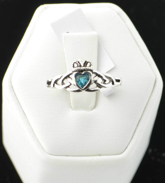 Sterling Silver Aqua CZ Claddagh Irish Celtic Ring Sizes: 3 4 5 6 7 8 9 - Jewelryland.com