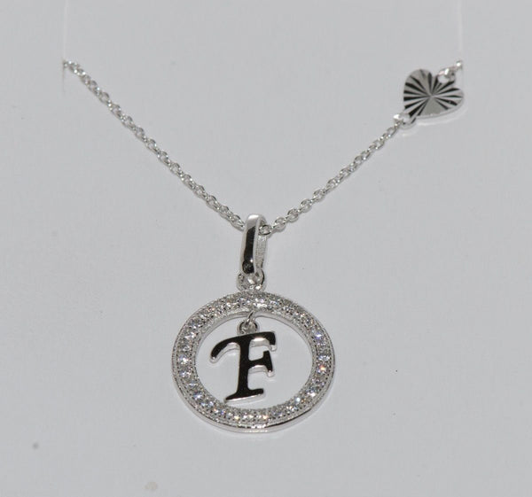Initial Necklace Letter F Cubic Zirconia Sterling Silver 17" Chain - Jewelryland.com