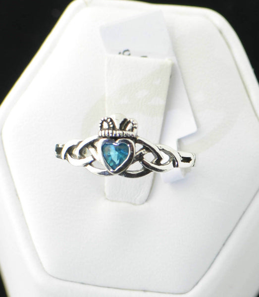 Sterling Silver Aqua CZ Claddagh Irish Celtic Ring Sizes: 3 4 5 6 7 8 9 - Jewelryland.com