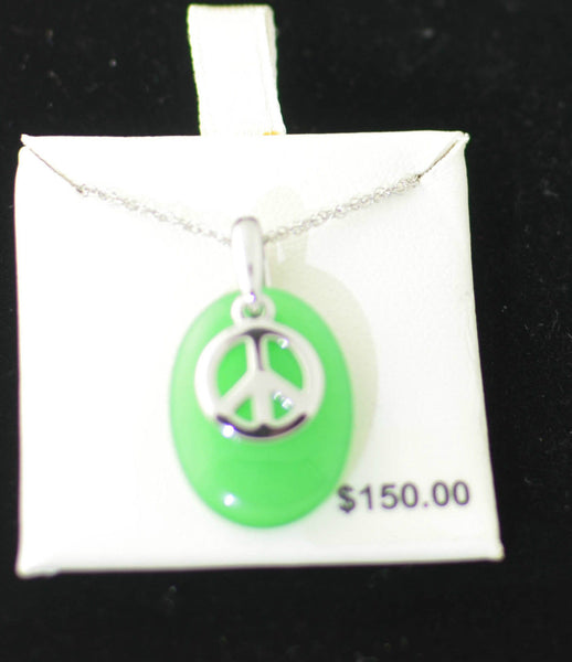Prehnite Green Gemstone Peace Sign Necklace .925 Sterling Silver, 18 inches - Jewelryland.com