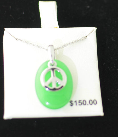 Prehnite Green Gemstone Peace Sign Necklace .925 Sterling Silver, 18 inches - Jewelryland.com