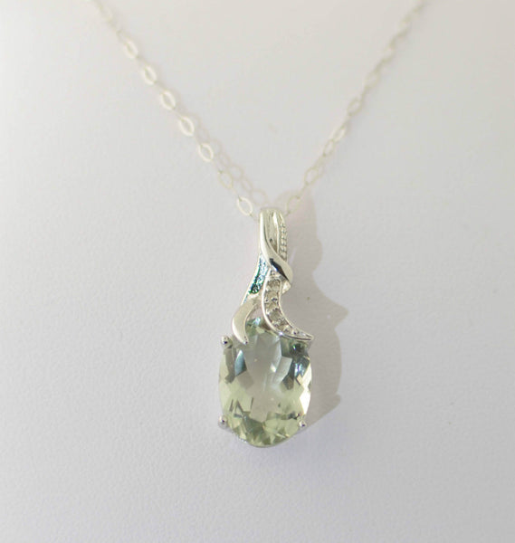 Sterling Silver Diamond and Green Amethyst Necklace, 18 Inch Chain