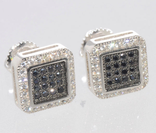 Mens Screwback Earrings Hip Hop Black & White CZ Studs Sterling Silver ASC Brand - Jewelryland.com