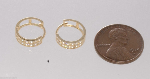 Huggie Earrings Hinged Hoops 14k Yellow Gold 2 Row Clear CZ 12mm x 4mm - Jewelryland.com