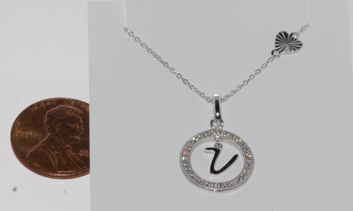 Sterling Silver Floating Letter V CZ Circle Initial 17 Necklace