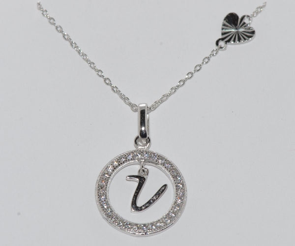 Sterling Silver Floating Letter V CZ Circle Initial 17" Necklace Cubic Zirconia - Jewelryland.com