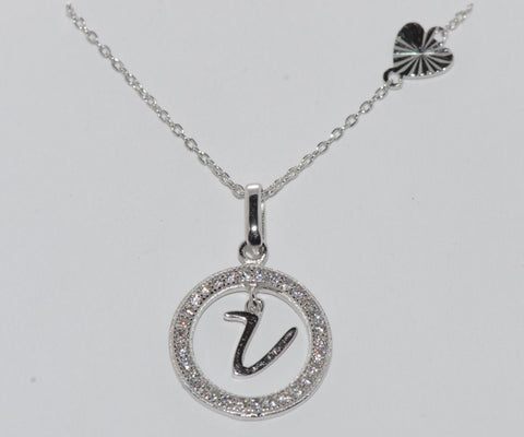 Sterling Silver Floating Letter V CZ Circle Initial 17" Necklace Cubic Zirconia - Jewelryland.com