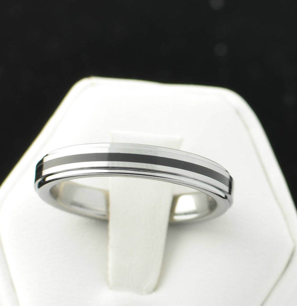 Mens Tungsten Ring 4mm Band High Polish Black Rubber Inlaid Center - Jewelryland.com
