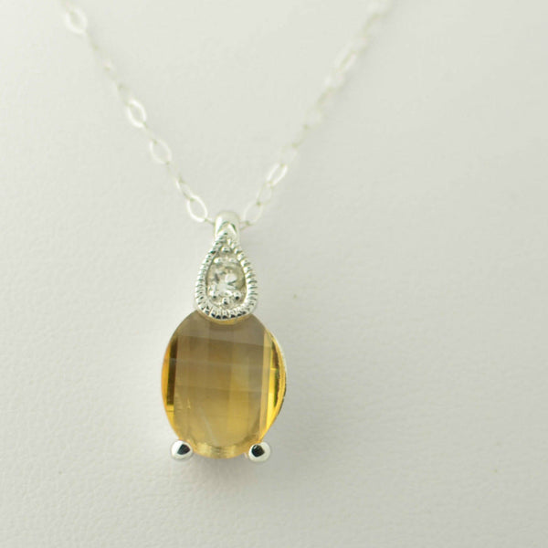 Sterling Silver Genuine Citrine with White Topaz Necklace 18" & Silver Chain - Jewelryland.com