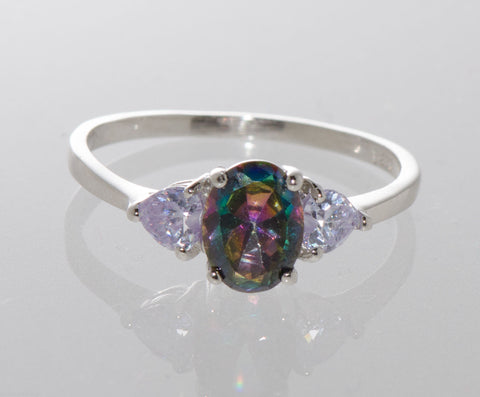 Mystic Topaz Ring Sterling Silver Cubic Zirconia Oval Three Stone Ring - Jewelryland.com