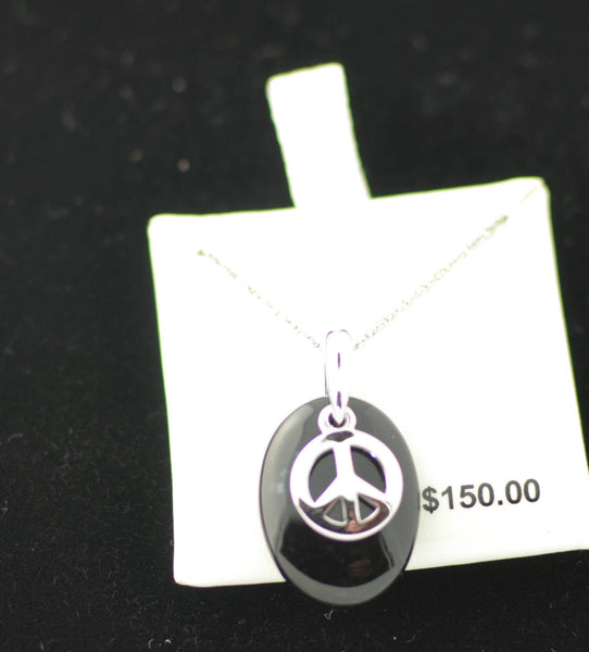 Black Onyx Peace Sign Necklace .925 Sterling Silver, 18 inches - Jewelryland.com