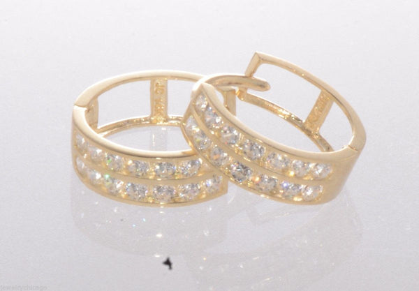 Huggie Earrings Hinged Hoops 14k Yellow Gold 2 Row Clear CZ 12mm x 4mm - Jewelryland.com