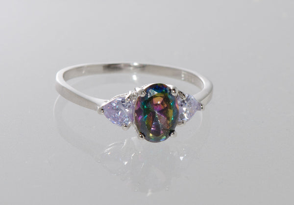 Mystic Topaz Ring Sterling Silver Cubic Zirconia Oval Three Stone Ring - Jewelryland.com