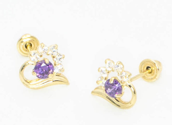 14k Yellow Gold Heart Earrings Screw Backs Purple & Clear Cubic Zirconia Studs - Jewelryland.com