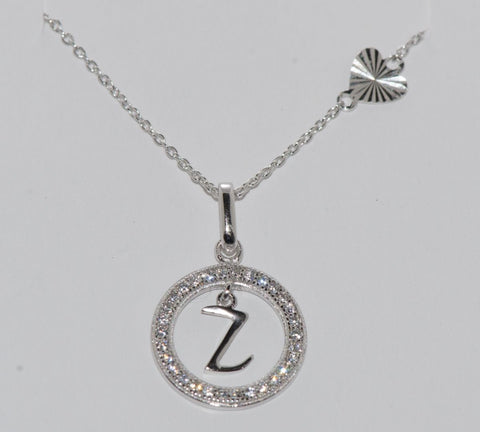 Sterling Silver Floating Letter Z CZ Circle Initial 17" Necklace Cubic Zirconia - Jewelryland.com