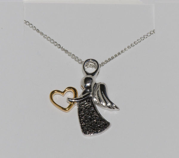 Sterling Silver Religious .01ct Black Diamond Angel Pendant Necklace, 18" chain - Jewelryland.com
