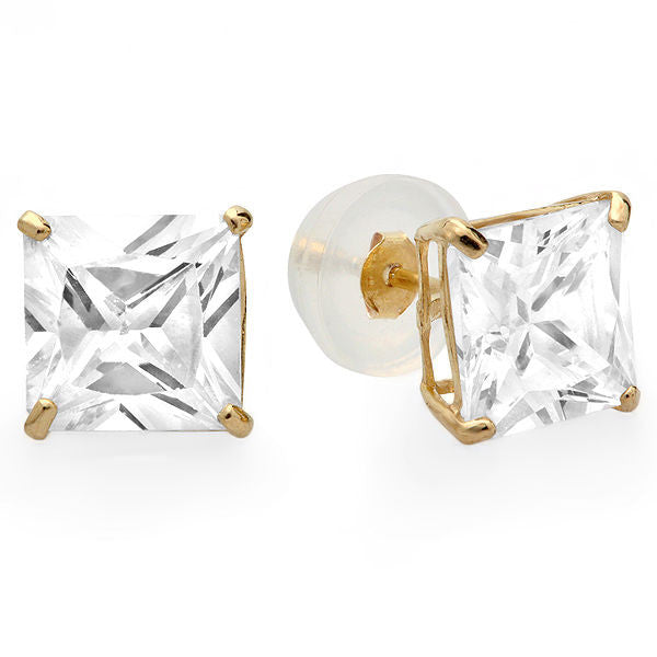 14k Yellow Gold CZ Stud Earrings Square Clear Princess Cut Basket Set Silicone - Jewelryland.com