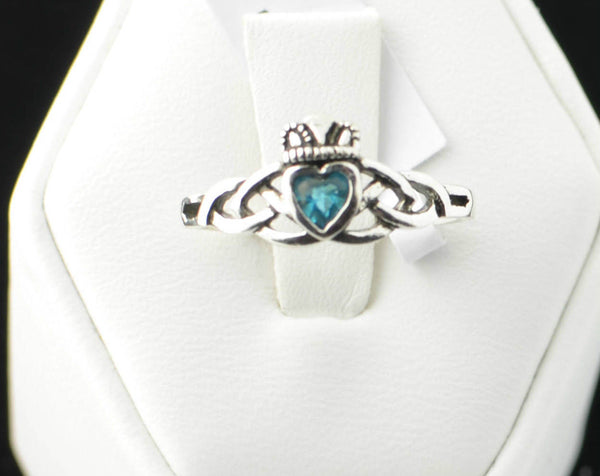 Sterling Silver Aqua CZ Claddagh Irish Celtic Ring Sizes: 3 4 5 6 7 8 9 - Jewelryland.com