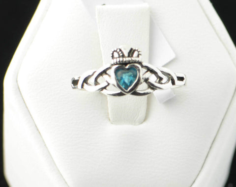 Sterling Silver Aqua CZ Claddagh Irish Celtic Ring Sizes: 3 4 5 6 7 8 9 - Jewelryland.com