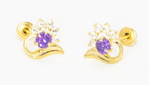 14k Yellow Gold Heart Earrings Screw Backs Purple & Clear Cubic Zirconia Studs - Jewelryland.com