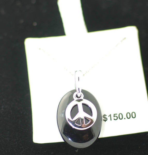 Black Onyx Peace Sign Necklace .925 Sterling Silver, 18 inches - Jewelryland.com