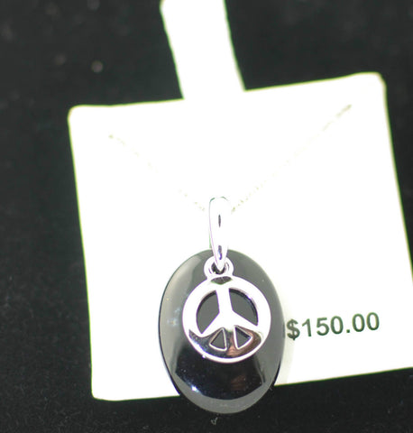 Black Onyx Peace Sign Necklace .925 Sterling Silver, 18 inches - Jewelryland.com