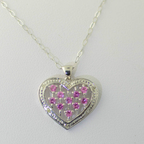 925 Sterling Silver Pink Sapphire Diamond Heart Necklace .03 ct - Jewelryland.com